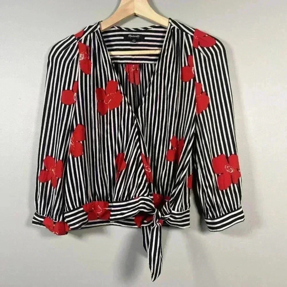 Madewell Striped Wrap Top in Candied Orchids Size Small Black White Striped Crop - Picture 1 of 14